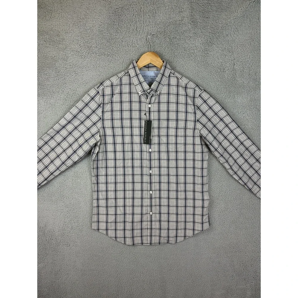 Banana Republic Shirt Men M Gray Plaid Luxe Poplin Long Sleeve Button Casual New